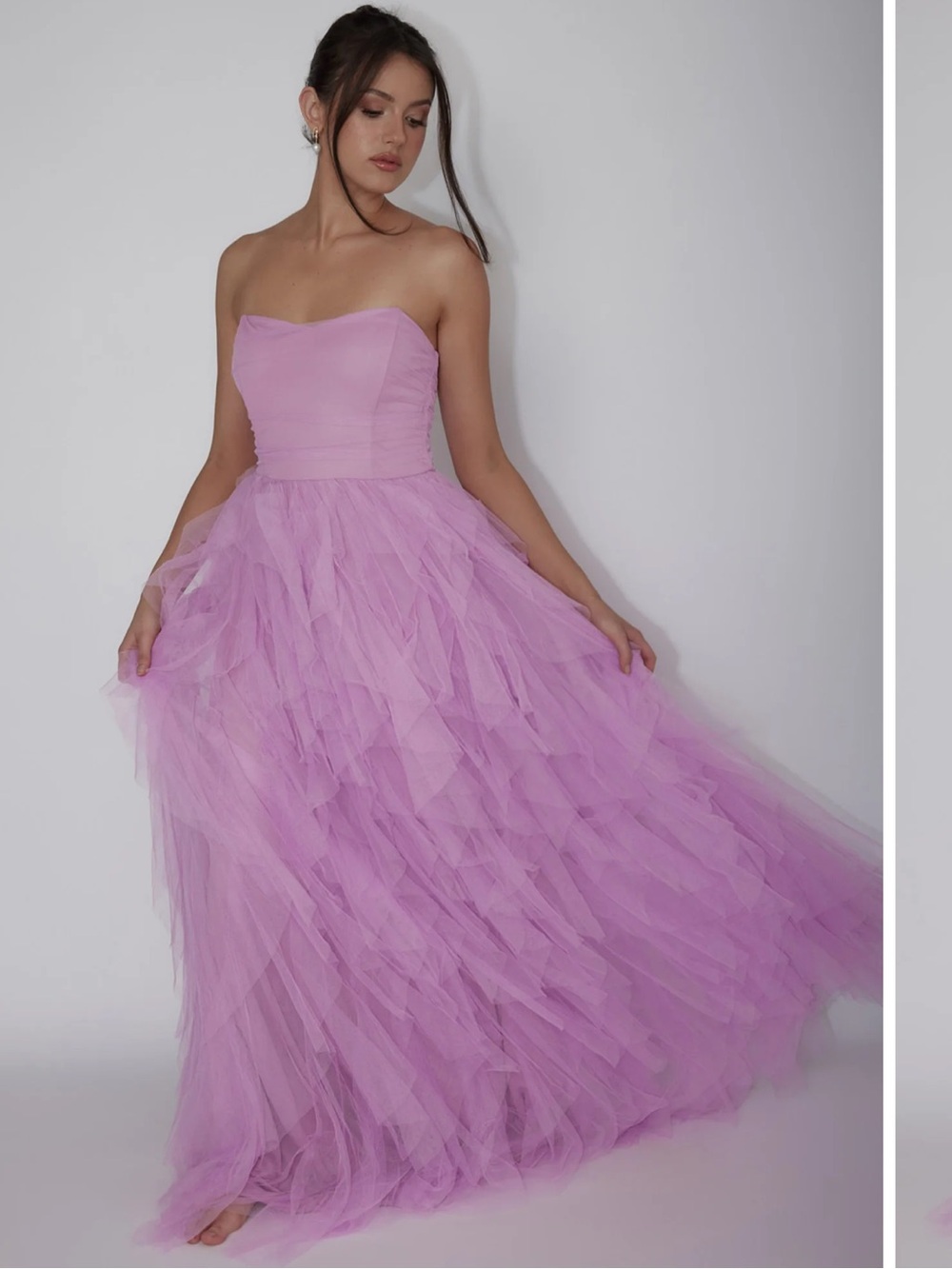 Selfie Leslie Rori Strapless Lavender Tulle cascade maxi dress Ruffle Gown Large